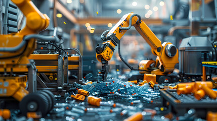 A robot arm is picking up plastic bottles in an industrial factory. with other machines and robots that work in different recycling stages
