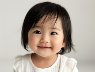 Closeup photo of Asian baby black hair wearing white smiling camera pure white background composition symmetrical bright indoor lighting creating soft shadow highlight her feature She big eye clear