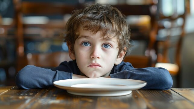 Young boy kid in front of an empty plate,&nbsp;starvation and undernutrition concept image for topic related to child nutritional deficiencies