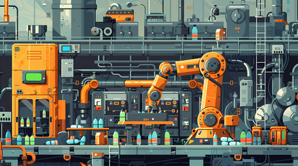 Fototapeta premium A robot arm is picking up plastic bottles in an industrial factory. with other machines and robots that work in different recycling stages