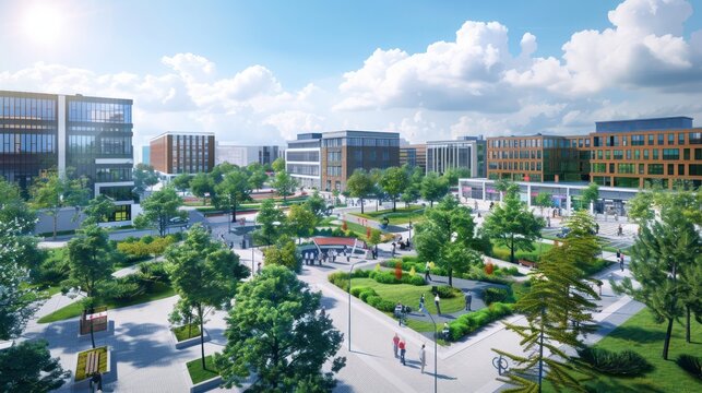 Blueprints of a modern urban redevelopment project with mixed-use buildings and green spaces