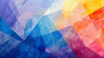 Abstract artwork featuring a vibrant rainbow spectrum within geometric shapes, creating a mesmerizing effect against a soft blue fabric backdrop.