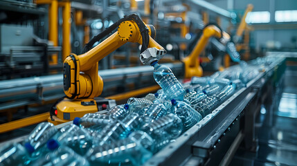 Fototapeta na wymiar A robot arm is picking up plastic bottles in an industrial factory. with other machines and robots that work in different recycling stages