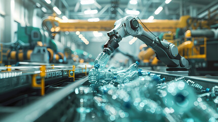 A robot arm is picking up plastic bottles in an industrial factory. with other machines and robots that work in different recycling stages