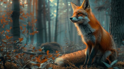 Fototapeta premium A majestic red fox sits attentively in an enchanting forest, surrounded by autumn leaves and a tranquil, misty atmosphere.