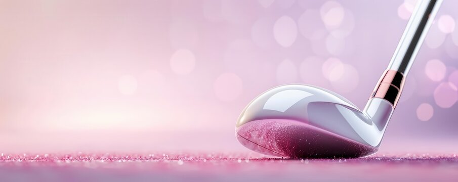 Closeup of a golf club on a pink background.