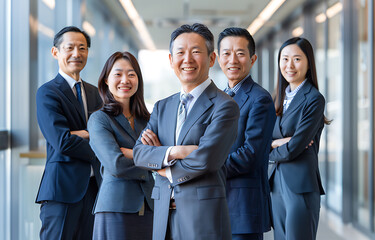 Group photo show five Japanese business people standing front smiling looking camera their arm crossed background interior of office building light blue wall white floor They wear professional attire