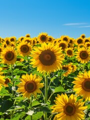Fototapeta premium A vibrant sunflower field in full bloom under a clear blue sky, showcasing nature's beauty and the bright yellow of sunflowers.