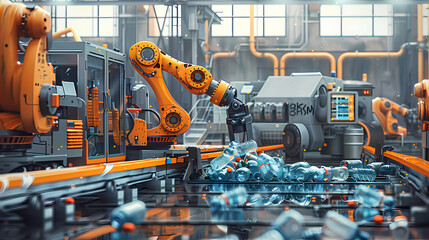 Fototapeta premium A robot arm is picking up plastic bottles in an industrial factory. with other machines and robots that work in different recycling stages