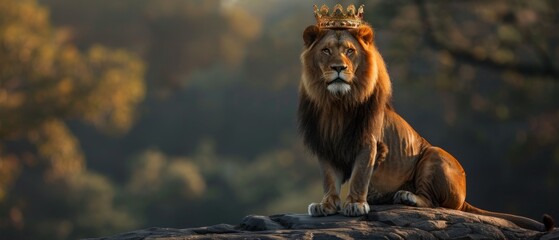 A majestic lion wearing a golden crown, standing proudly on a rocky outcrop, symbolizing its reign as the king of the jungle