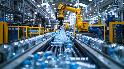 Fototapeta premium A robot arm is picking up plastic bottles in an industrial factory. with other machines and robots that work in different recycling stages