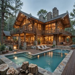 A grand log cabin with a large deck and swimming pool, situated in a forested area, exuding a cozy and inviting atmosphere.