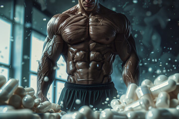 Fototapeta premium Muscular man standing above pills in a gym setting