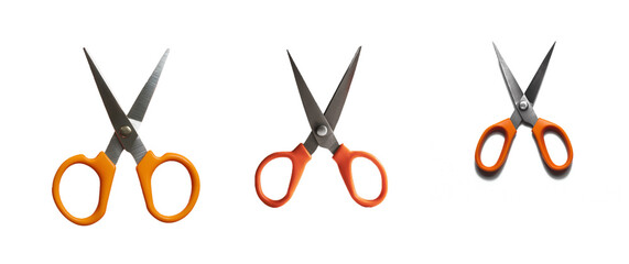 A pair of scissors with bright orange handles, open slightly, signifying craft and creativity in education, isolated on transparent background 