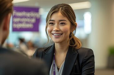 Obraz premium photo of Asian business woman talking her bos office wearing professional attire smiling him confidence background blurred out white text say Freetracking service below She short hair wear black suit