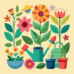 Flower petals and gardening tools