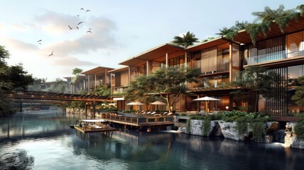 Obraz premium Detailed architectural plans for a luxury riverside hotel with modern amenities and eco-friendly design