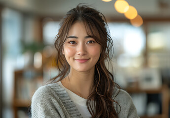Obraz premium photo of attractive Japanese woman her early mid twenty smiling standing upright against white background She wearing business casual attire long sleeve cardigan sweater over top of her shirt Her hair