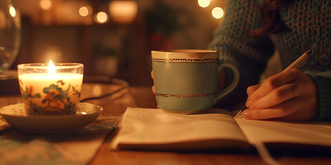 A woman is writing in a journal while sitting at a table with a candle
