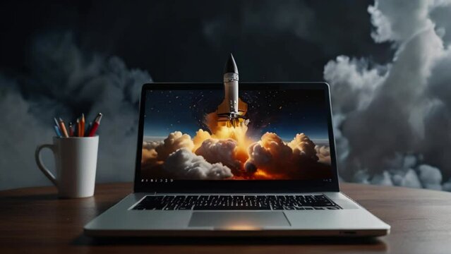 A rocket that starts flying out of the laptop screen