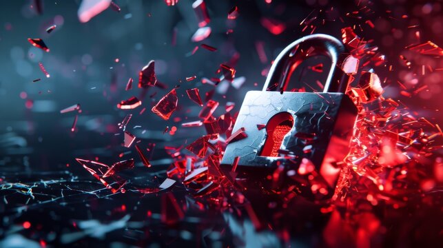 Email Security Breach: A dramatic illustration of a broken padlock symbolizing a breach in email security, highlighting the importance of robust security measures to protect against cyber threats