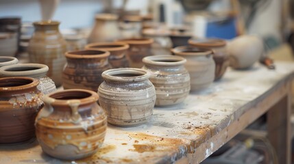 A collection of handcrafted clay pottery on a worktable, showcasing traditional ceramic craftsmanship in a pottery workshop.