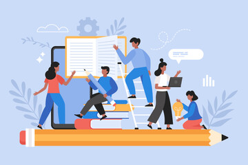 Back to school and education concept. Modern vector illustration of students studying online and reading books