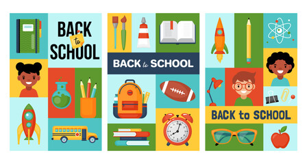 Back to school poster set design with school supplies and cute students. Modern icon set. Vector illustration