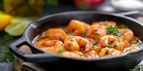 Fototapeta premium Brazilian moqueca fish stew made in a cast iron pot. Concept Brazilian Cuisine, Seafood Recipe, Traditional Dishes, Cast Iron Cooking