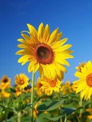 Obraz premium Vibrant sunflower field under a clear blue sky. Sunflowers in full bloom, showcasing their bright yellow petals and brown centers.
