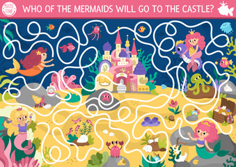 Mermaid maze for kids with sea bed landscape, princess, castle. Marine preschool printable activity. Fairytale ocean kingdom labyrinth game, puzzle. Worksheet with palace, treasure chest.