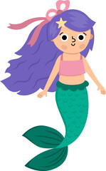Fairy tale vector mermaid with purple hair. Fantasy fish girl isolated on white background. Fairytale sea princess. Treasure island, pirate, underwater adventure icon. Cute girlish siren character.