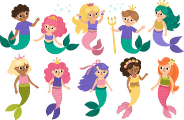 Vector mermaids set. Underwater kingdom collection with ocean princess, prince. Cartoon marine fairytale characters for kids. Water adventures clipart with sirens and mermen.