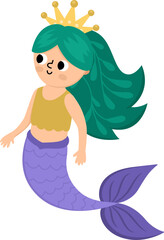 Fairy tale vector mermaid with green hair. Fantasy fish girl isolated on white background. Fairytale sea princess. Treasure island, pirate, underwater adventure icon. Cute girlish siren character.