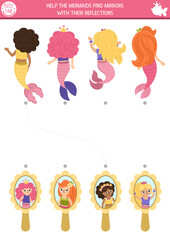 Mermaid matching activity with front and back view. Marine puzzle with sea princess reflections in mirror. Match objects game. Ocean kingdom printable worksheet. Fairytale logical page.