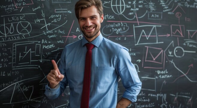A man is smiling in front of a blackboard with mathematical equations on it