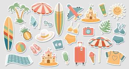 Set of cute summer stickers for your daily planner. Collection of scrapbooking elements for beach party, parasol, surfboard, ice cream, bikini, beach hat. Summer collection