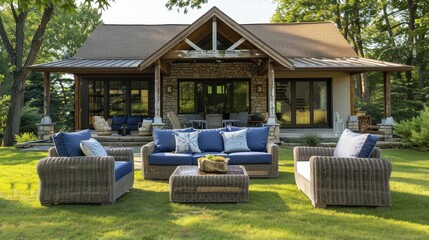 Elegant outdoor wicker furniture set with blue cushions on grass in front of brown-roofed house. Comfortable patio sofa and armchairs creating a stylish outdoor living space.