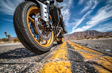 A motorcycle is parked on a yellow road with a mountain in the background