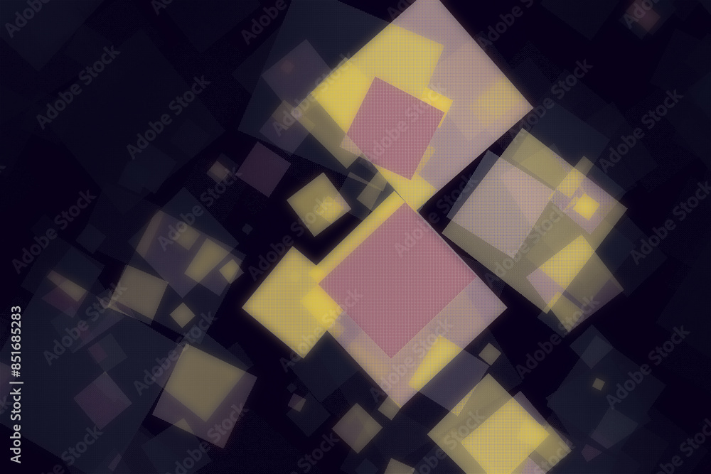 Poster soft focus squares floating on a black background halftone abstract design