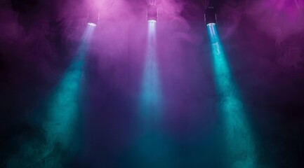 Naklejka premium Dark background with three purple and teal spotlights shining down, creating an atmosphere of mystery or theatrical performance