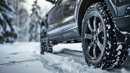 Car wheels with winter tires on them.