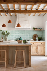 Kitchen Interior (Mediterranean, Provence, Country, Rustic, Boho) with Island and Glossy Zellige Light Blue Tile in Home
