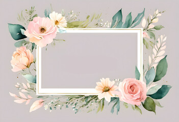 A watercolor floral frame with leaves and flowers surrounding a blank white center. The design is delicate and elegant, suitable for invitations, wedding or greeting cards.
