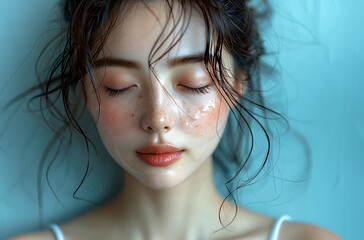 Japanese woman her late twenty touching her face closed eye skin care beauty concept white tank top pale blue background studio photography natural light sharp focus facial feature hand high
