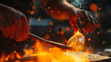 Close-up of a blacksmith at work, shaping a piece of molten metal with a hammer amid sparks and flames in a forge. - Powered by Adobe