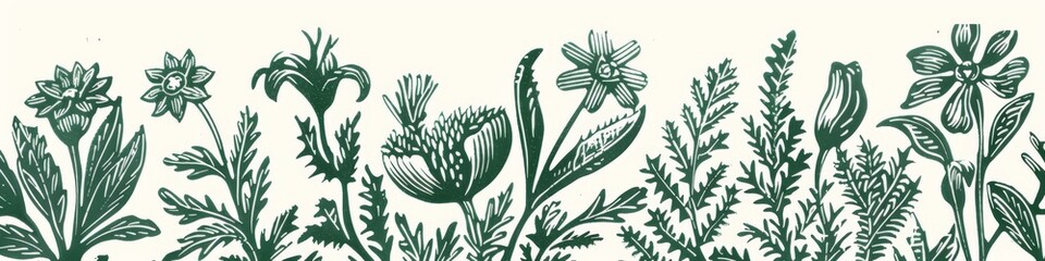 Vintage linocut red black flowers border. Retro flower