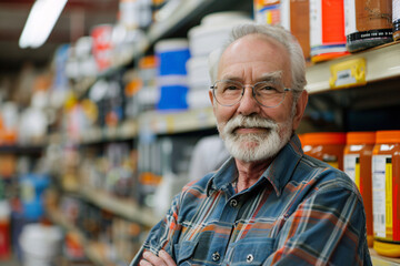 Fototapeta premium A mature male shopping for building materials and supplies in a home improvement store.