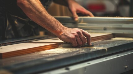 Close-up of a craftsman using a table saw to cut wood in a workshop, highlighting the precision and skill in woodworking.