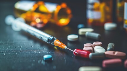 Medicines on a white background: tablets in blister and loose, ampoules with liquid and powder, syringe